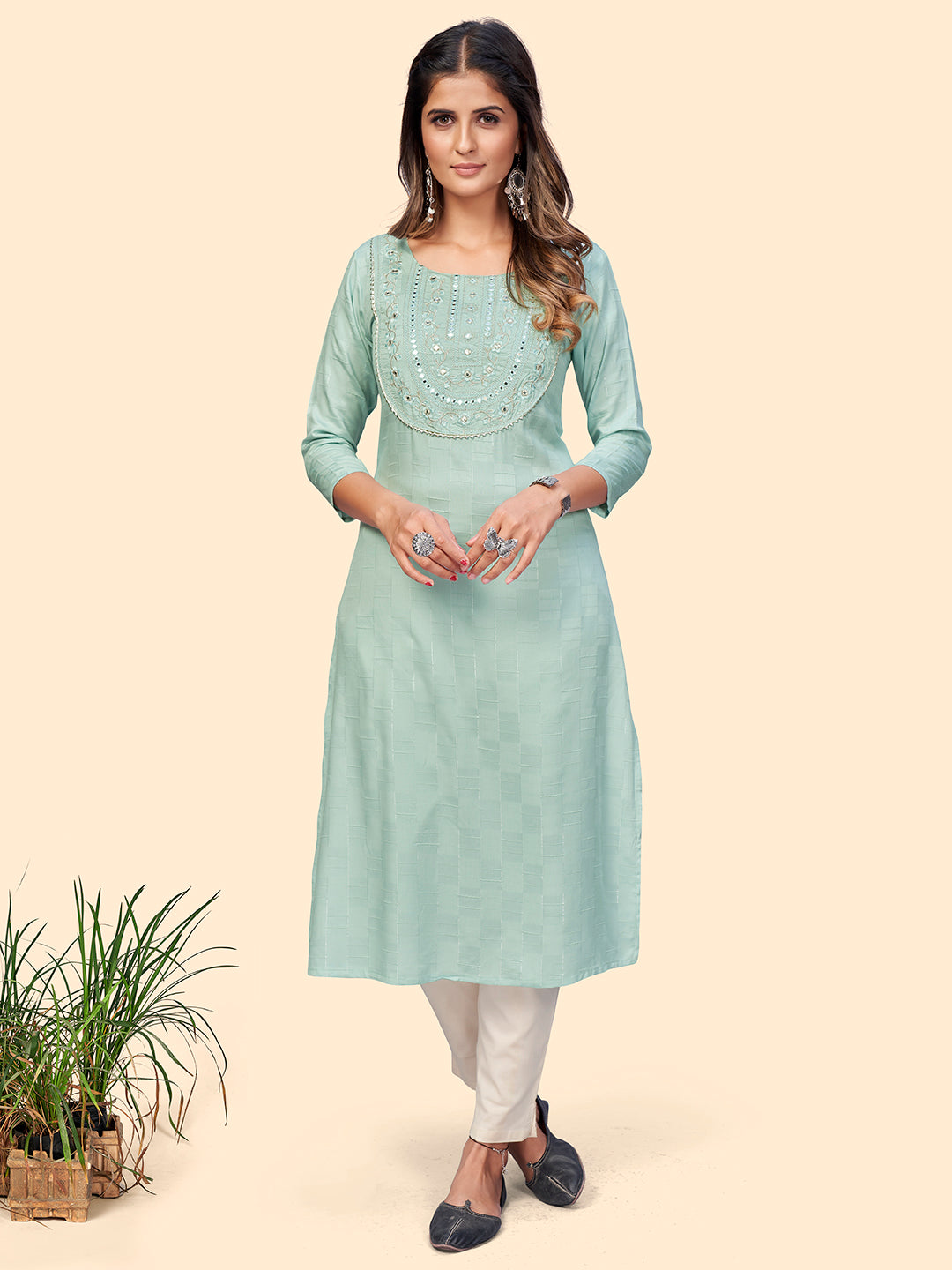 Women's Embroidered & Mirror Straight Fancy Rayon Grey Stitched Kurta - Vbuyz