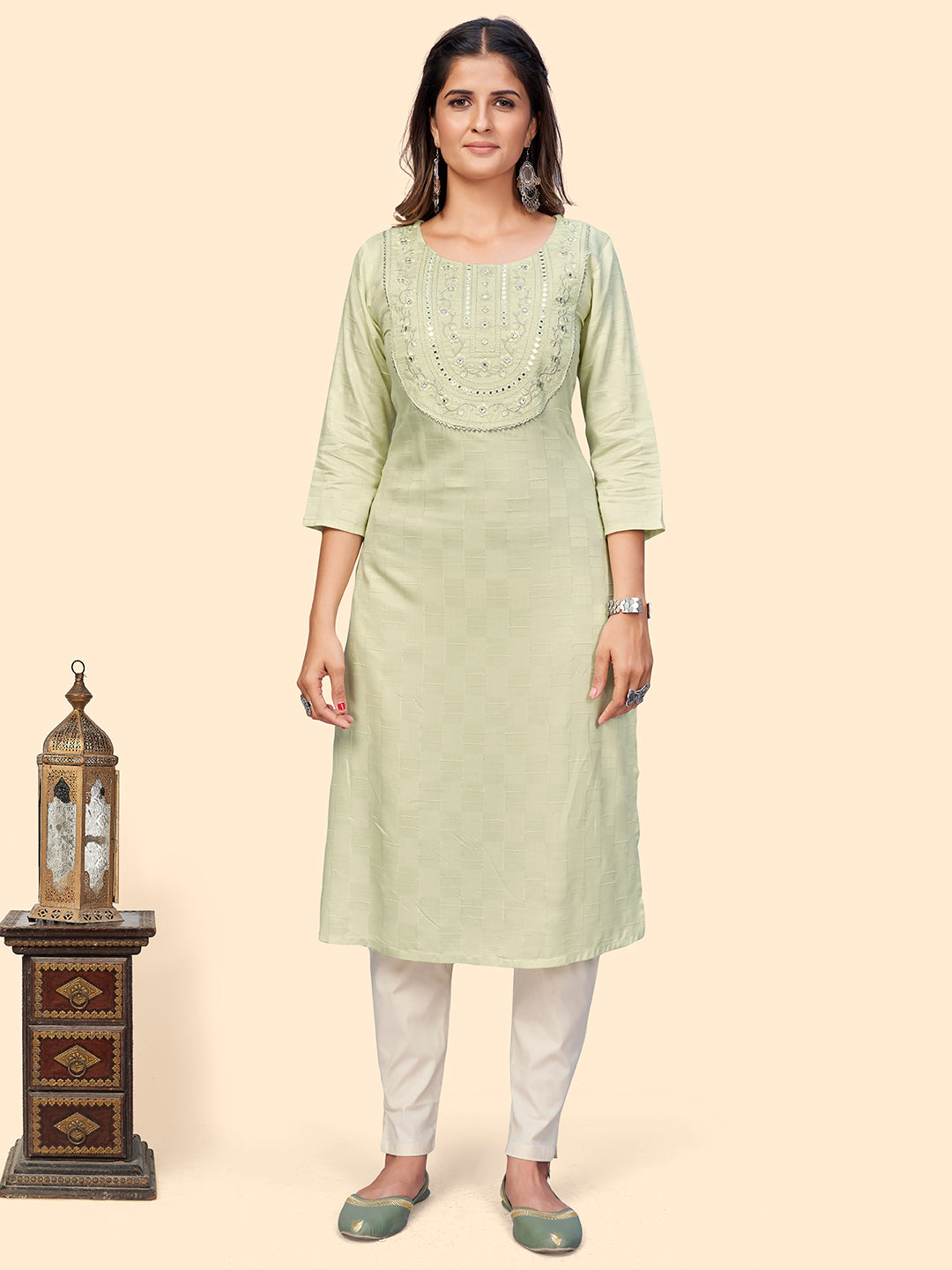 Women's Embroidered & Mirror Straight Fancy Rayon Pista Stitched Kurta - Vbuyz