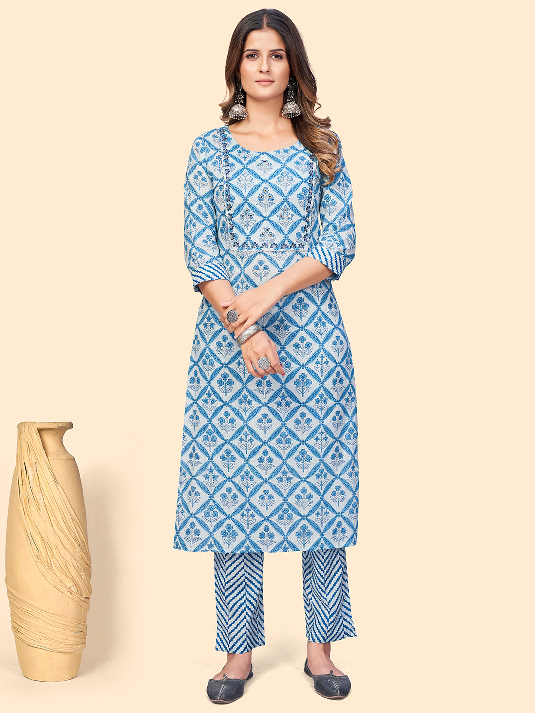 Women's Printed & Embroidered Straight Cotton Sky Blue Stitched Kurta - Vbuyz