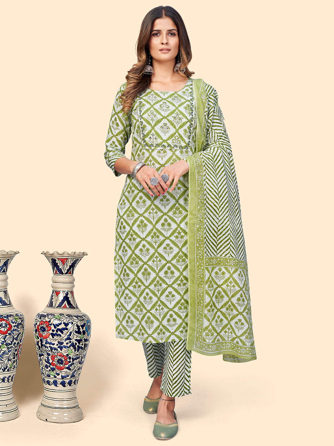 Women's Printed & Embroidered Straight Cotton Green Stitched Kurta Pant With Dupatta - Vbuyz