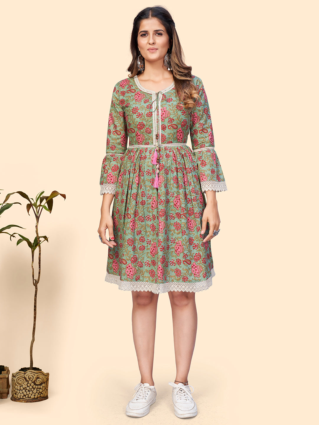 Women's Floral Print Flared Cotton Sea Green Stitched Dress - Vbuyz