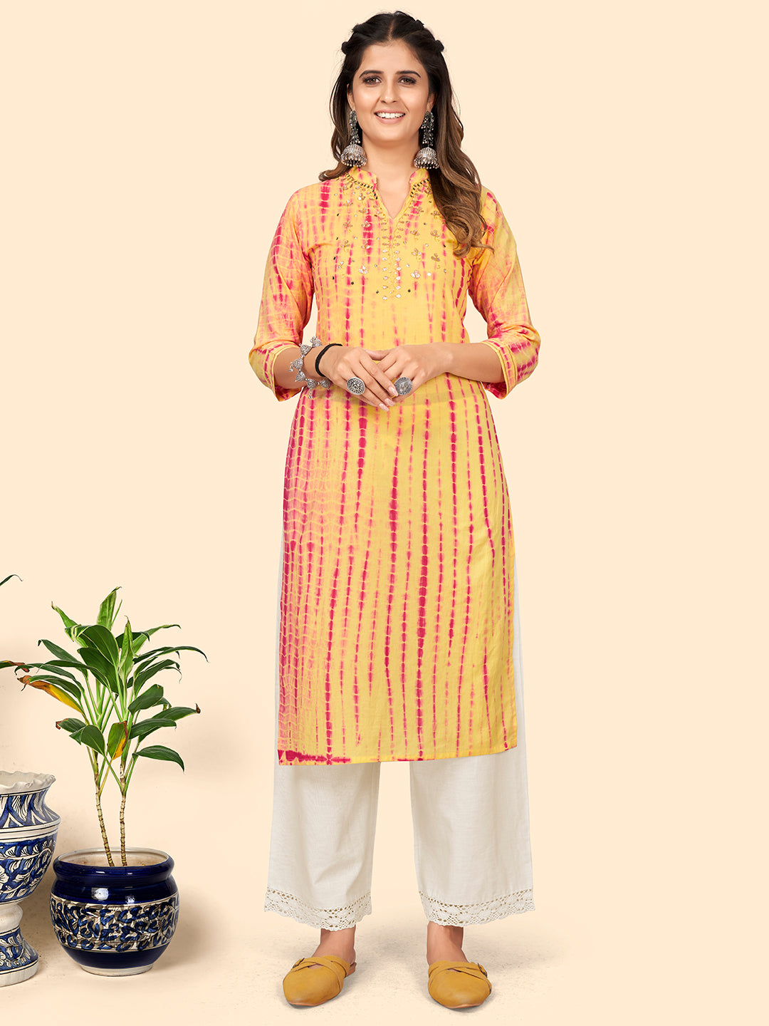 Women's Tie & Dye Print & Gota Work Straight Cotton Yellow Stitched Kurta - Vbuyz