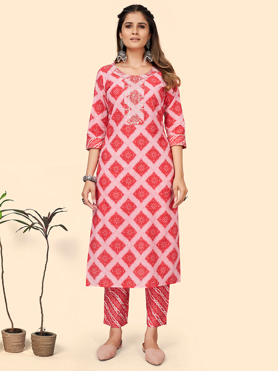 Women's Bandhani Print & Embroiderd Straight Cotton Pink Stitched Kurta - Vbuyz