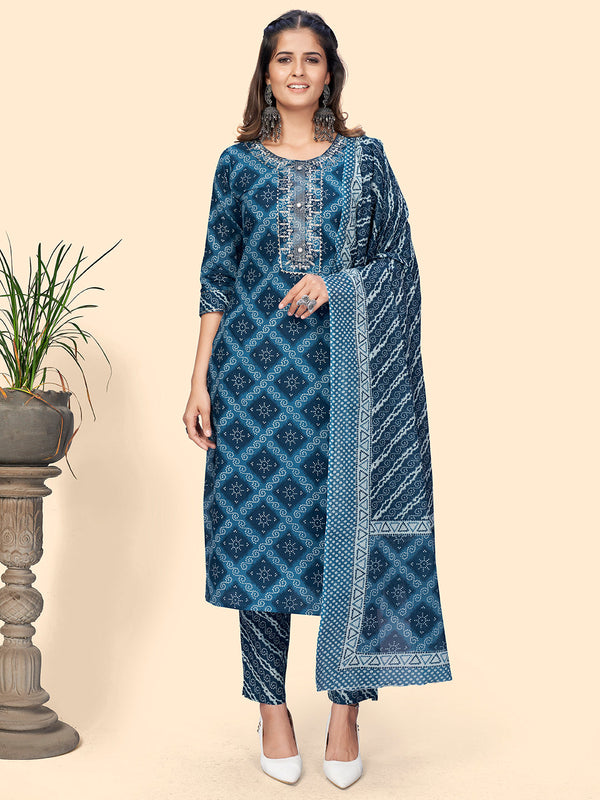 Women's Bandhani Print & Embroiderd Straight Cotton Blue Stitched Kurta Pant With Dupatta - Vbuyz