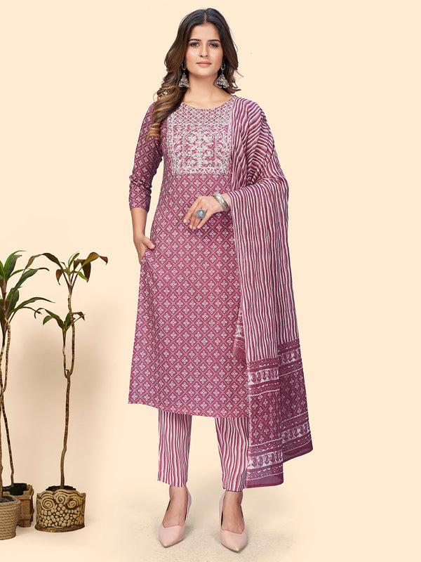 Women's Print & Embroidered Straight Cotton Mauve Stitched Kurta Pant With Dupatta - Vbuyz