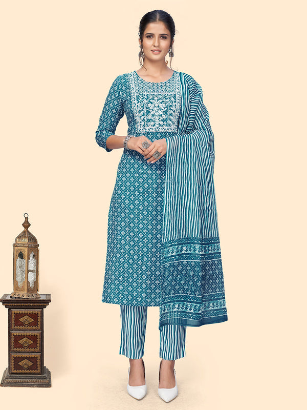 Women's Print & Embroidered Straight Rayon Blue Stitched Kurta Pant With Dupatta - Vbuyz