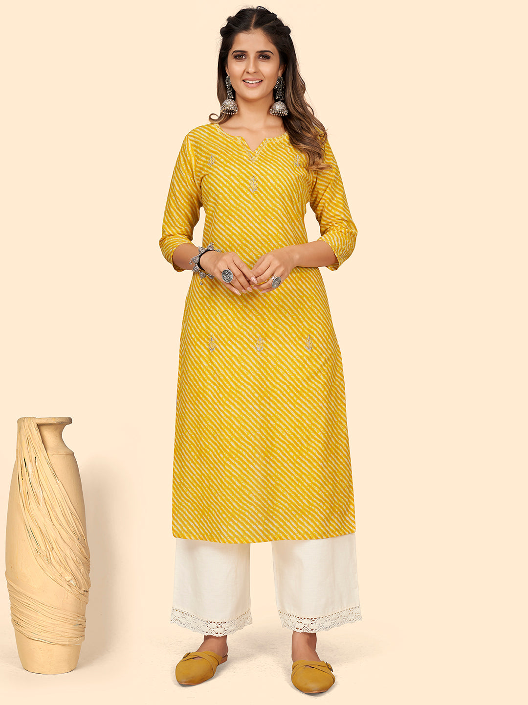 Women's Print & Embroidered Straight Cotton Yellow Stitched Kurta - Vbuyz