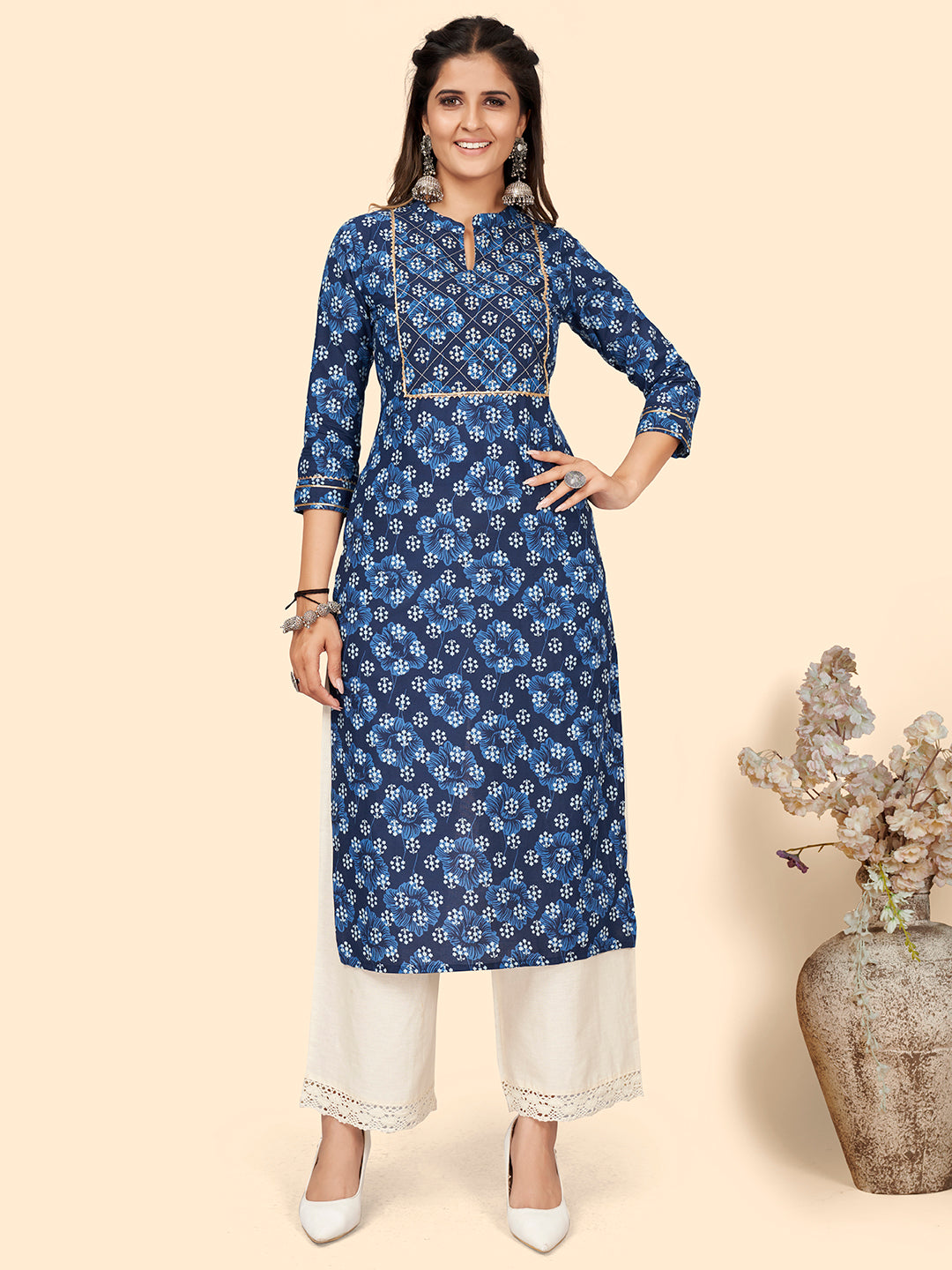 Women's Print & Sequience Straight Cotton Blue Stitched Kurta - Vbuyz