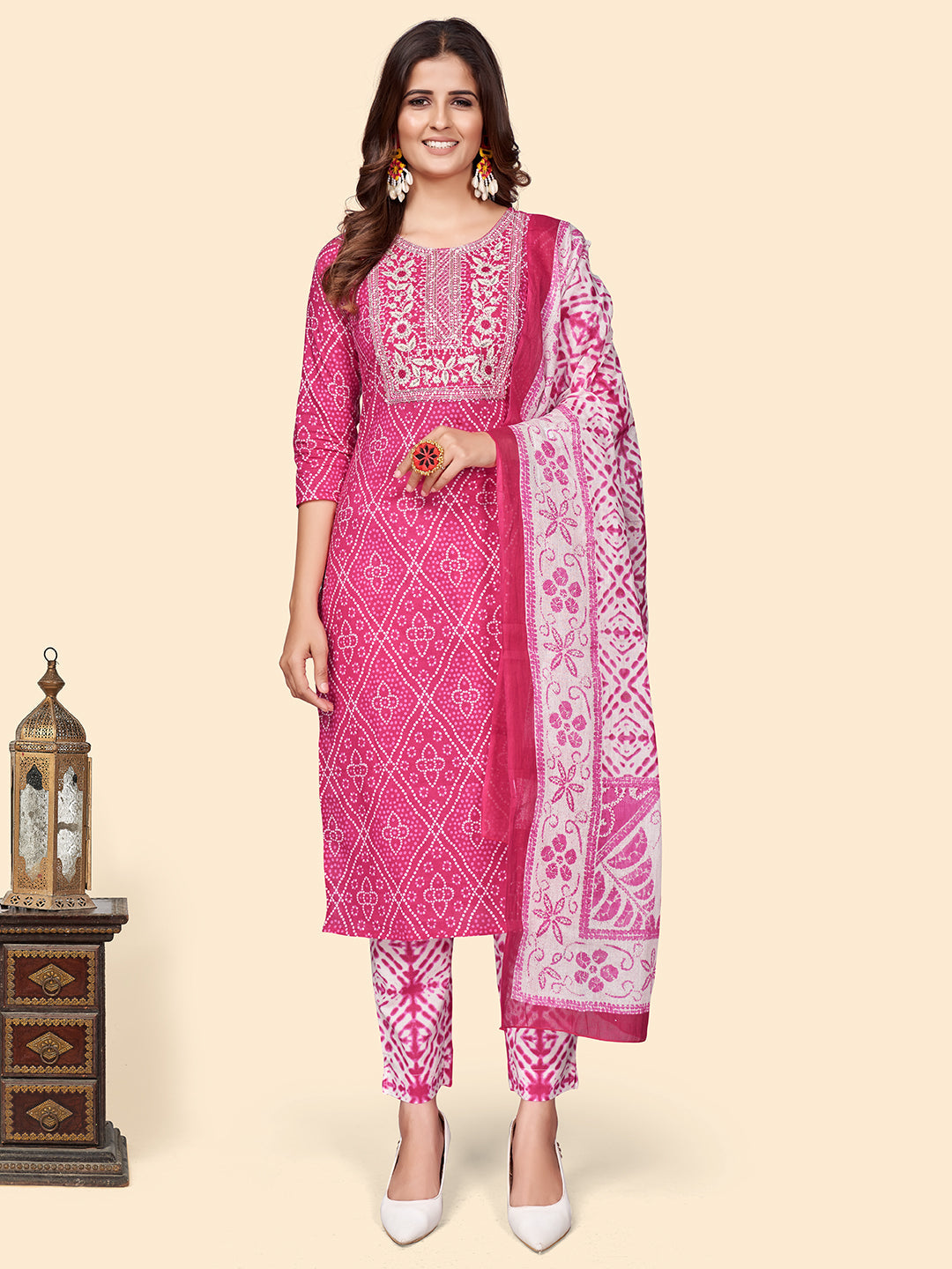 Women's Print & Embroidered Straight Cotton Dark Pink Stitched Kurta Pant With Dupatta - Vbuyz