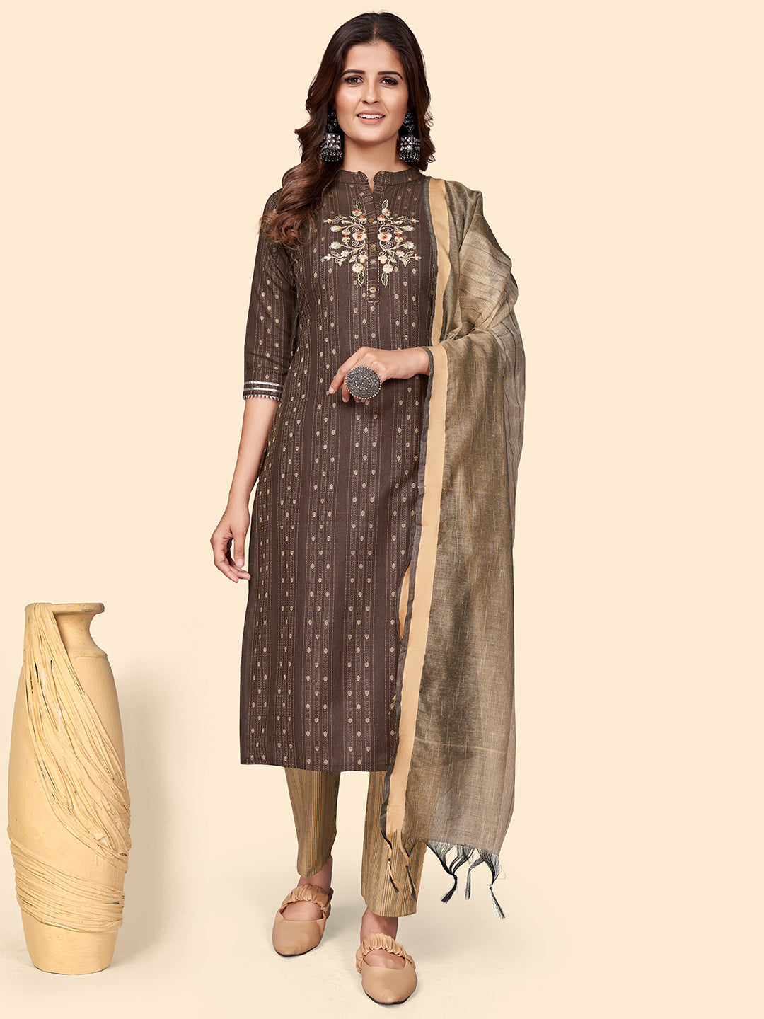 Women's Print & Embroidered Straight Cotton Blend Brown Stitched Kurta Pant With Dupatta - Vbuyz