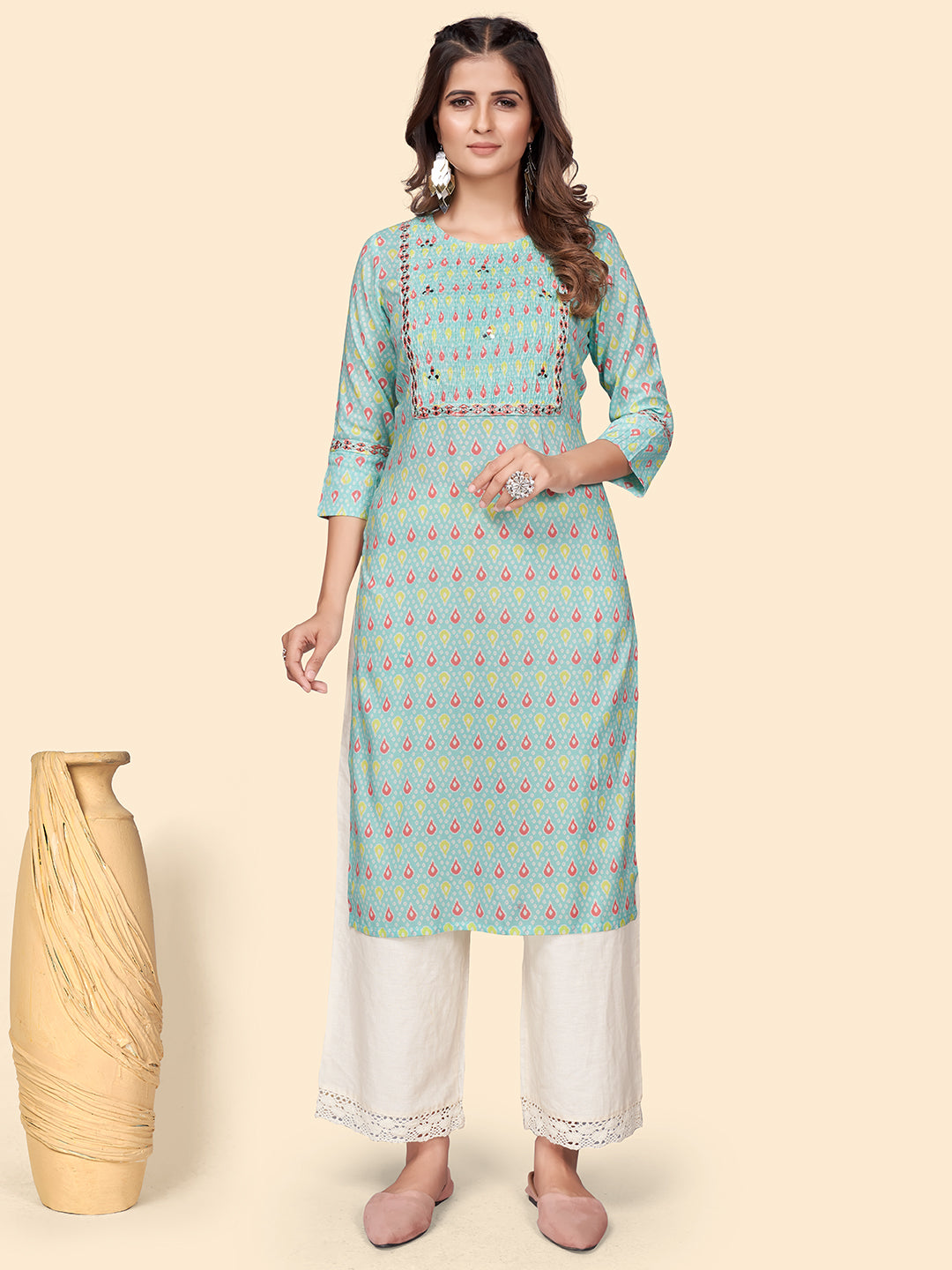 Women's Print & Mirror Work Straight Cotton Turquoise Stitched Kurta - Vbuyz