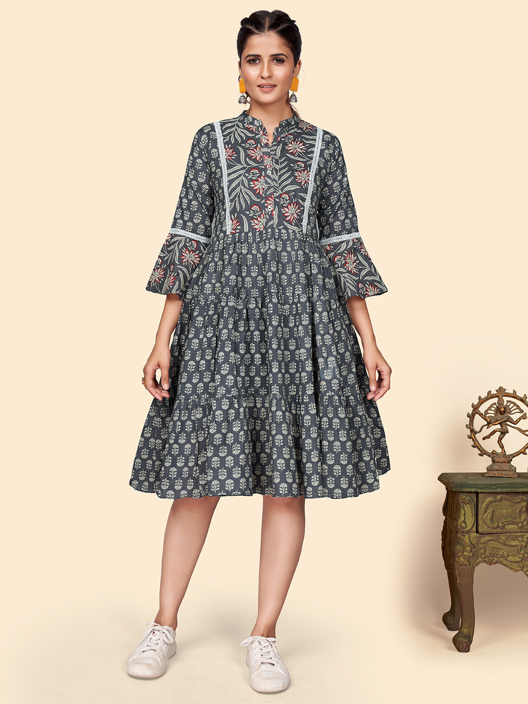 Women's Printed Flared Cotton Grey Stitched Dress - Vbuyz