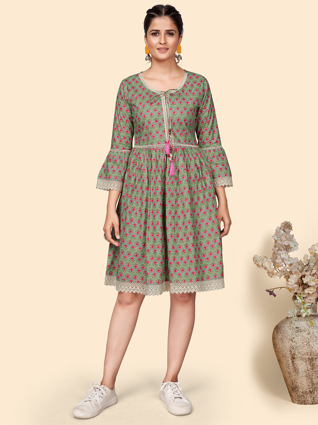 Women's Floral Print Flared Cotton Olive Stitched Dress - Vbuyz