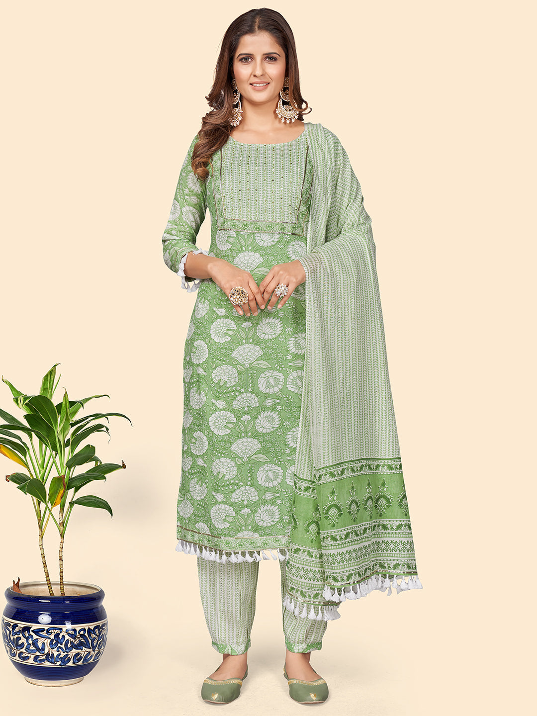 Women's Print & Sequience Straight Cotton Green Stitched Kurta Pant With Dupatta - Vbuyz