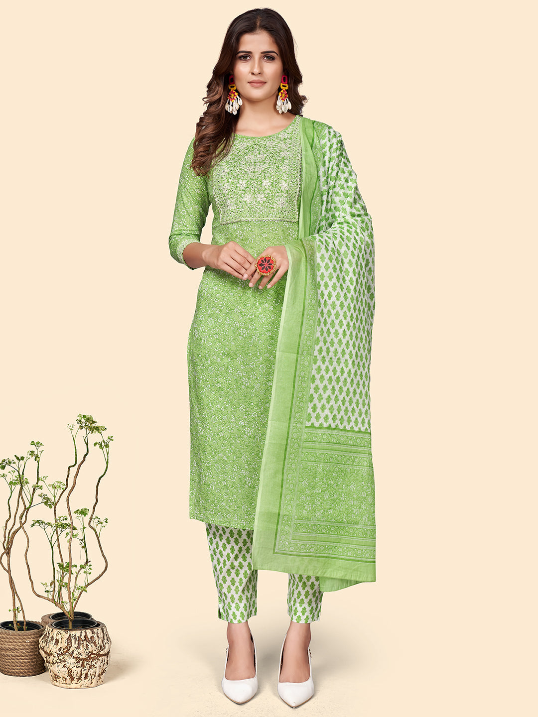 Women's Print & Embroidered Straight Cotton Green Stitched Kurta Pant With Dupatta - Vbuyz