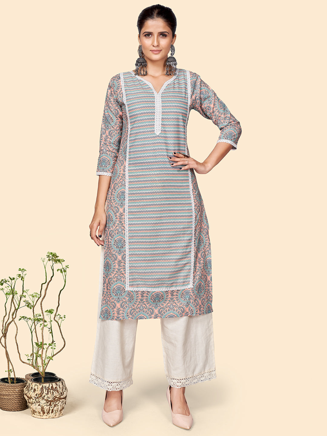 Women's Printed Straight Cotton Multicolor Stitched Kurta - Vbuyz