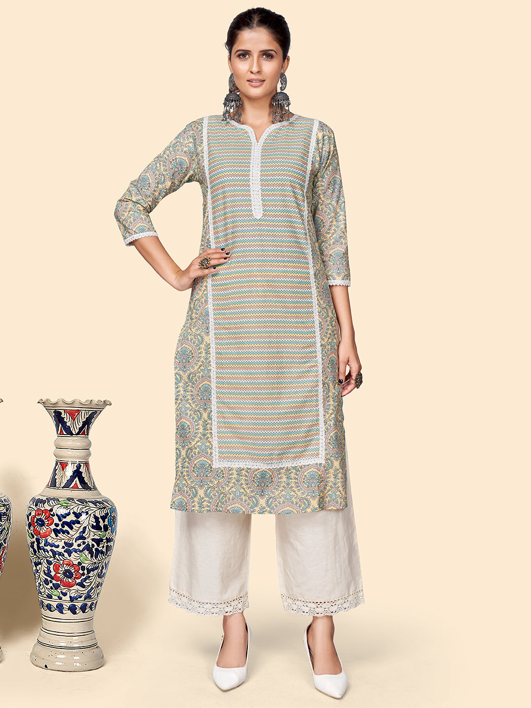 Women's Printed Straight Cotton Multicolor Stitched Kurta - Vbuyz