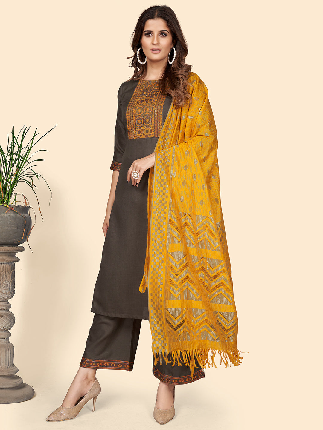 Women's Printed Straight Cotton Blend Grey Stitched Kurta Palazzo With Dupatta - Vbuyz