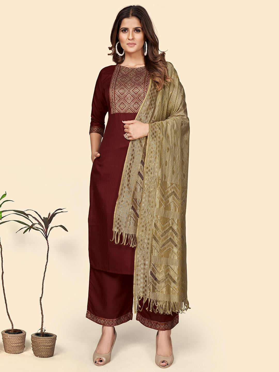 Women's Printed Straight Cotton Blend Marron Stitched Kurta Palazzo With Dupatta - Vbuyz