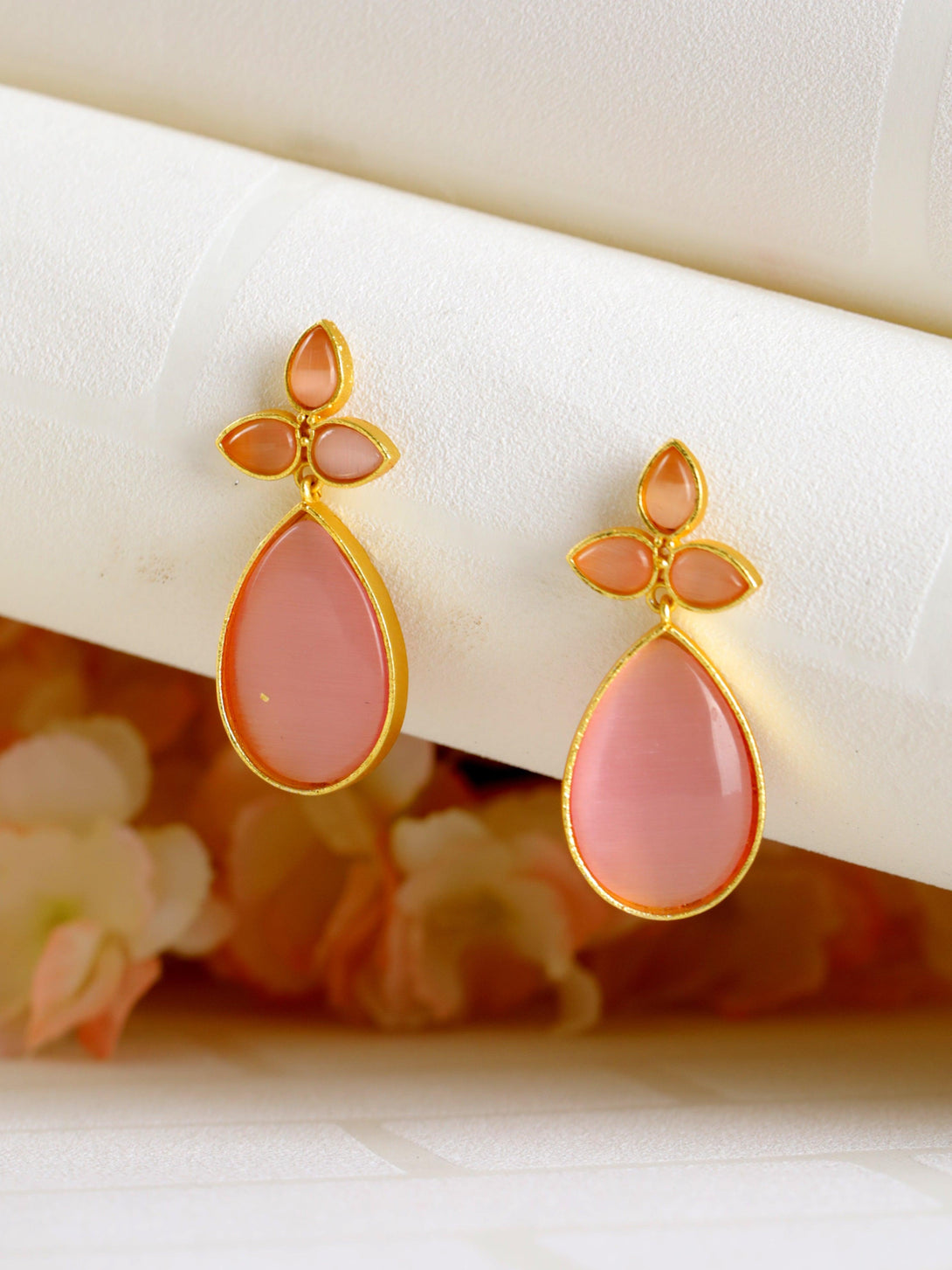 Women's Gold-Plated Pink Contemporary Stone Studded Tear Drop Earrings - Jazz And Sizzle - Indiakreations