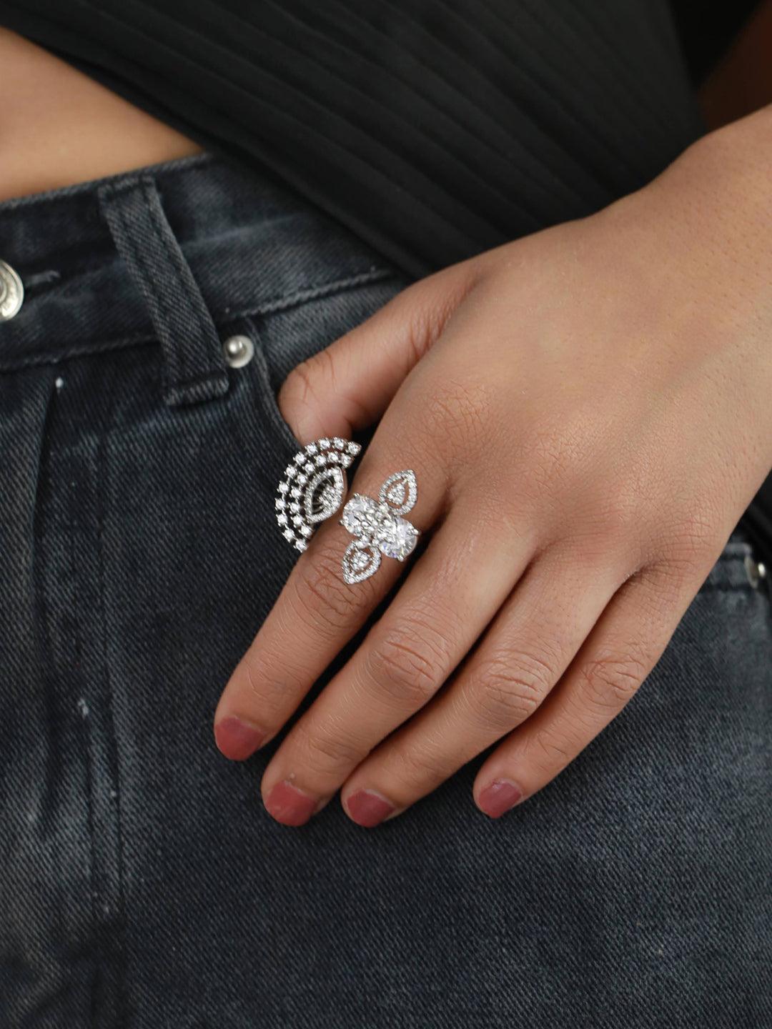 Women's Silver Plated CZ studded Floral Shaped Adjustable Ring - Jazz and Sizzle - Indiakreations