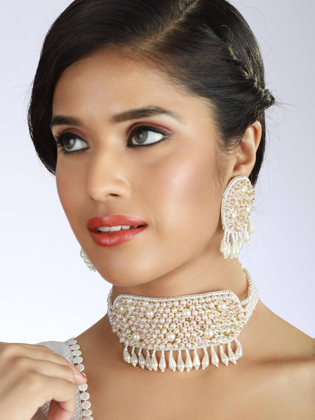 Women's White Pearls Beaded Choker Handcrafted Necklace Set - Jazz and Sizzle - Indiakreations