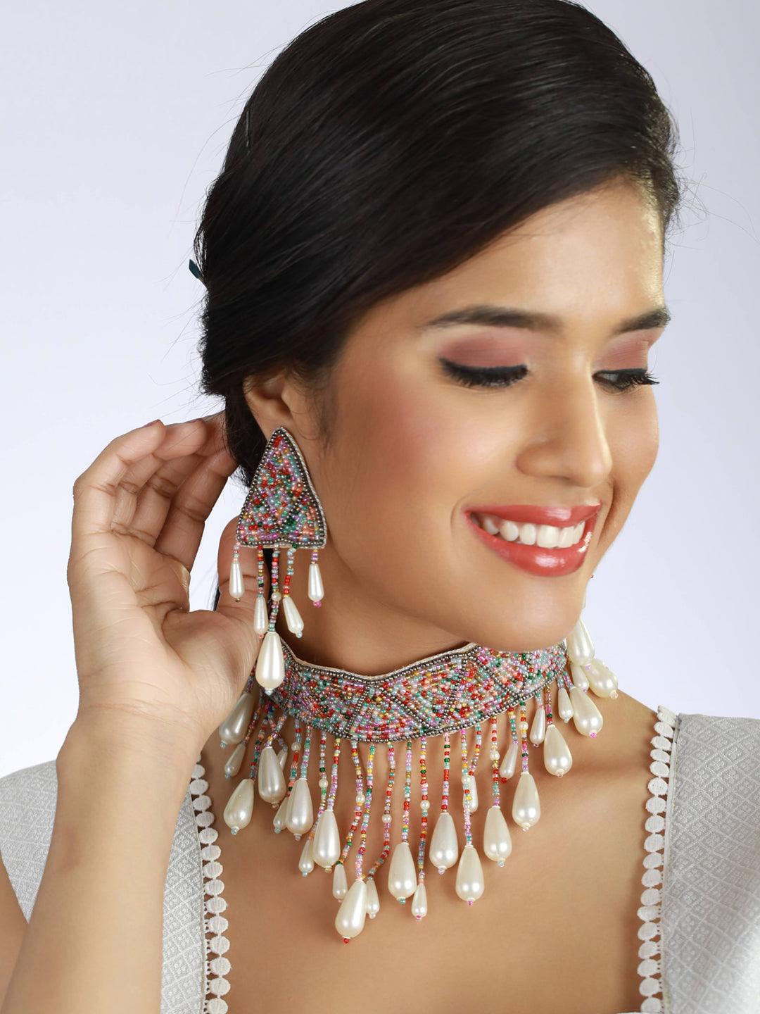 Women's multicolor Pearl-Studded & Beaded Tasselled Choker Handcrafted Jewellery Set - Jazz and Sizzle - Indiakreations