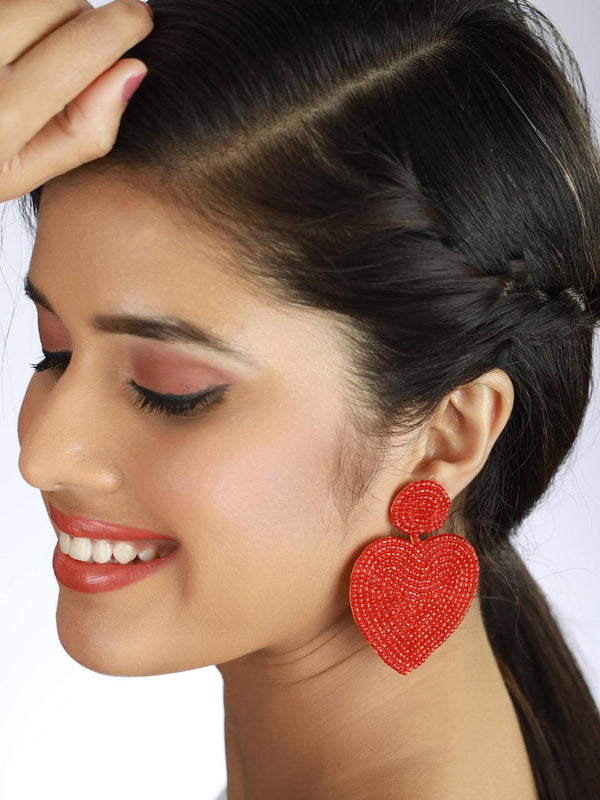 Women's Handwoven Beads & Red Heart Shaped Contemporary Design Handcrafted Drop Earrings - Jazz and Sizzle - Indiakreations