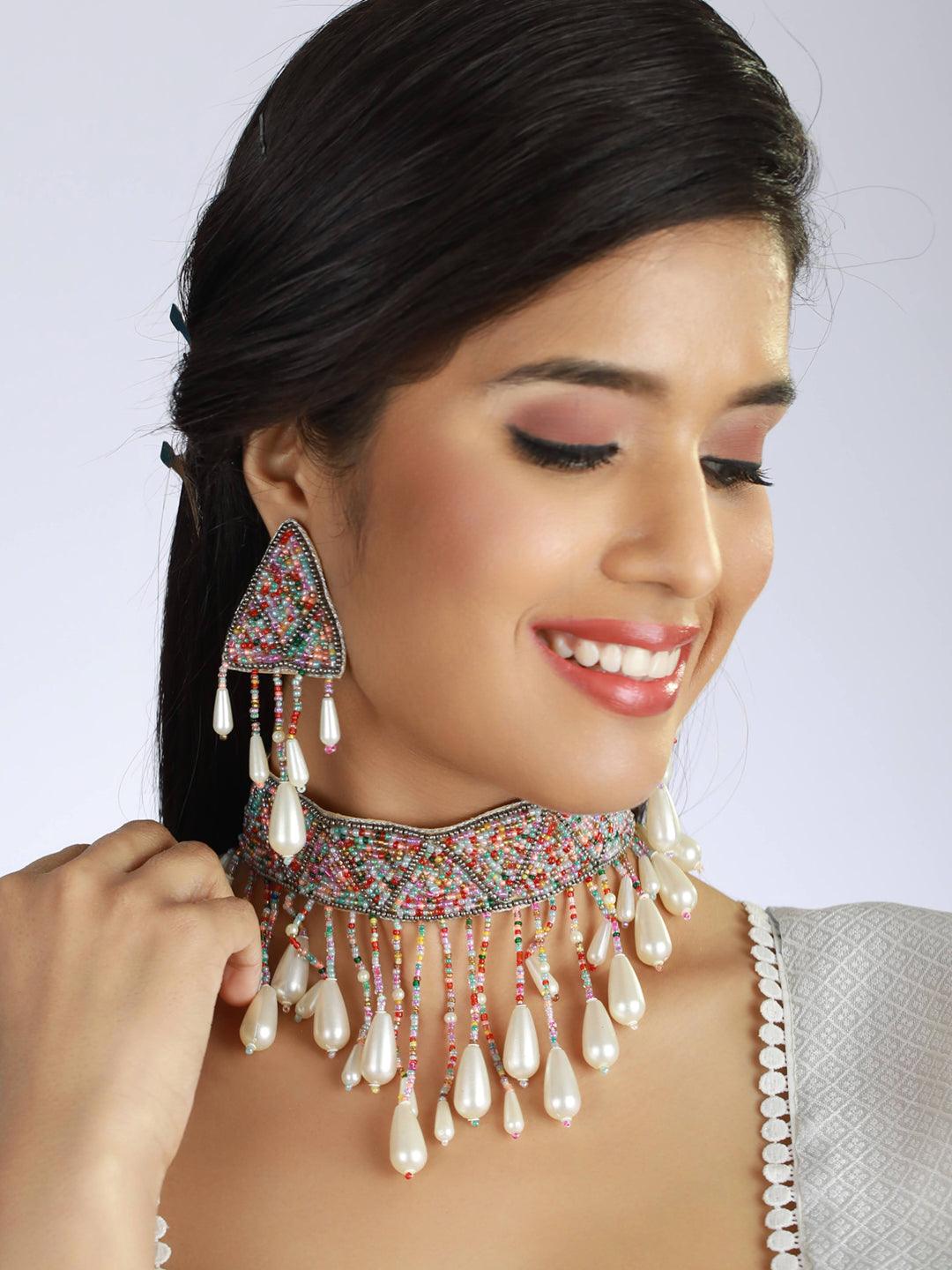 Women's multicolor Pearl-Studded & Beaded Tasselled Choker Handcrafted Jewellery Set - Jazz and Sizzle - Indiakreations