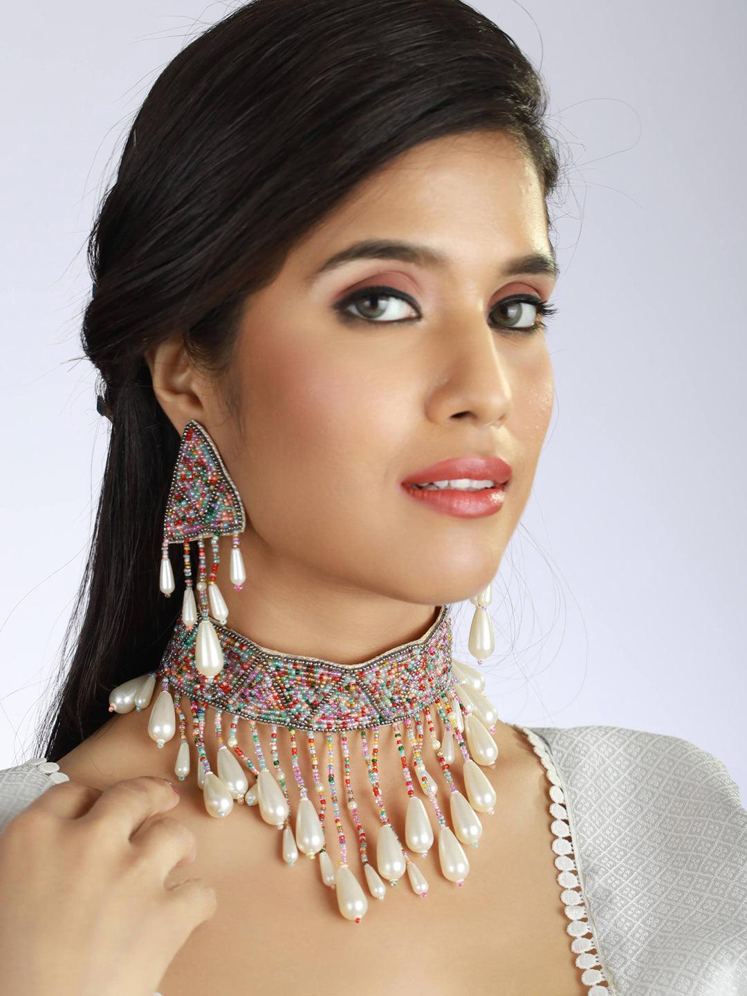 Women's multicolor Pearl-Studded & Beaded Tasselled Choker Handcrafted Jewellery Set - Jazz and Sizzle - Indiakreations