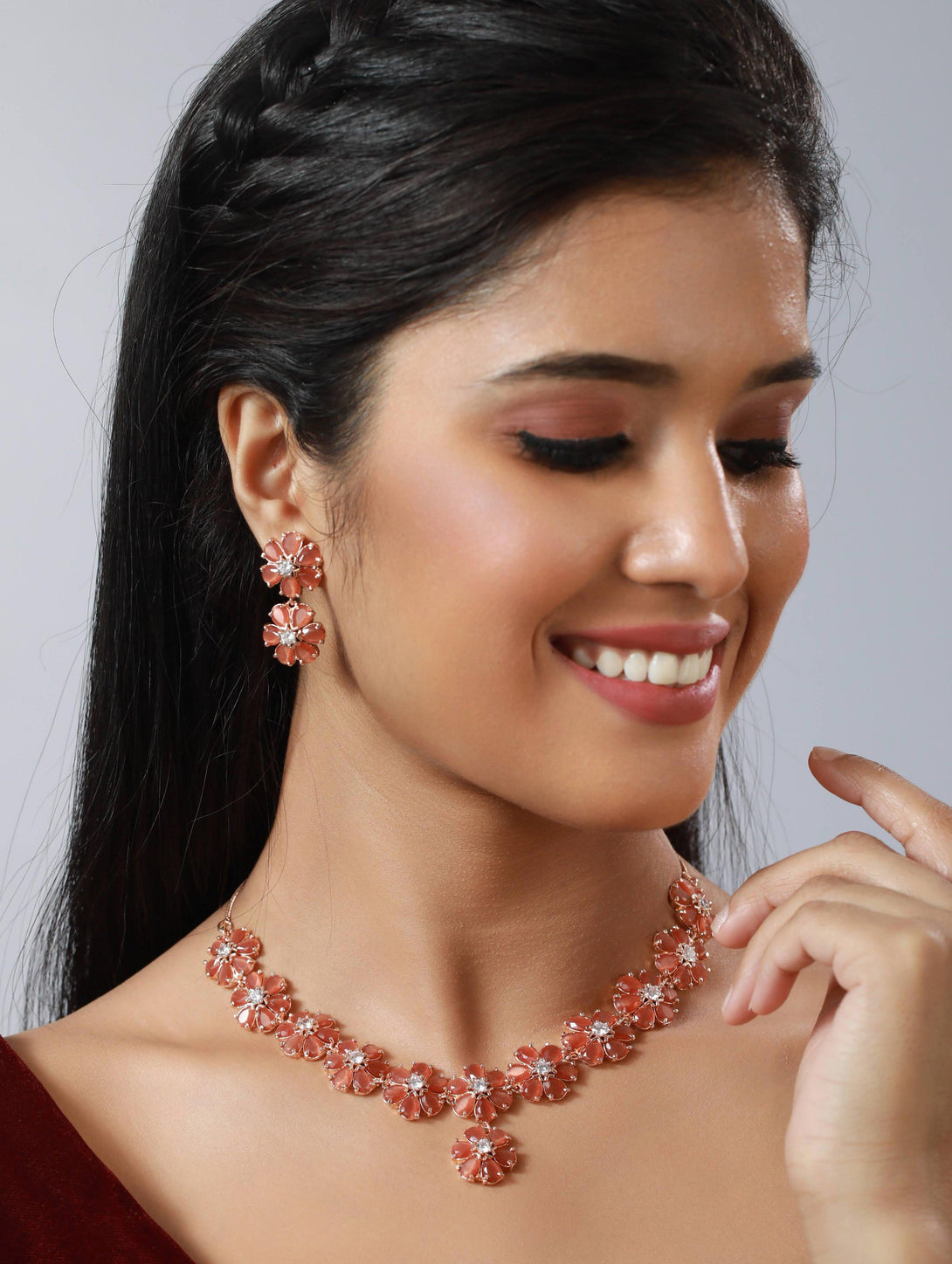 Women's Rose Gold-Plated Peach American Diamond & Cz Stone-Studded Jewellery Set - Jazz And Sizzle - Indiakreations