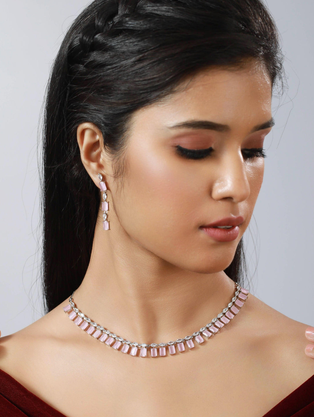 Women's Silver-Toned & Pink Ad-Studded Handcrafted Jewellery Set - Jazz And Sizzle - Indiakreations