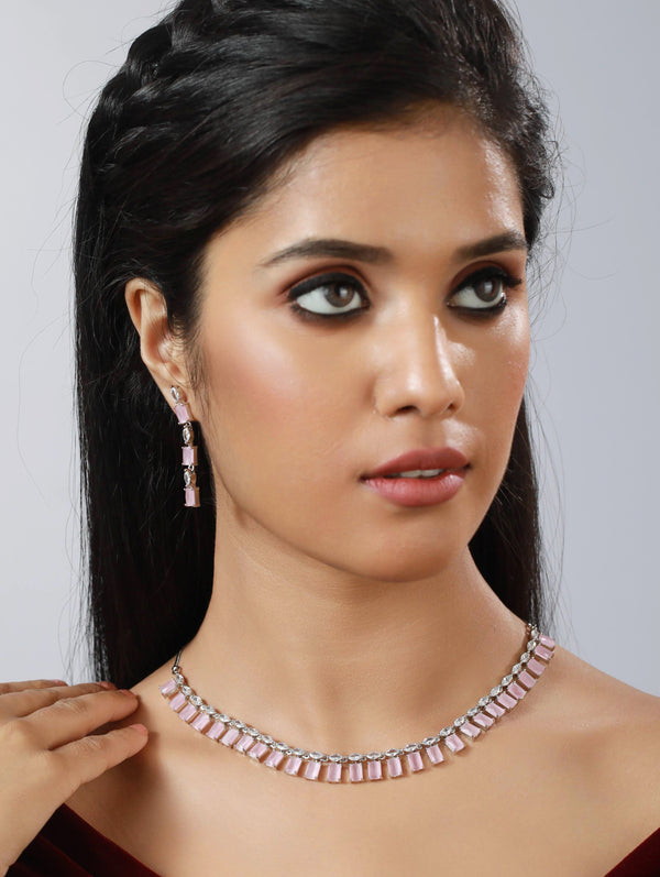 Women's Silver-Toned & Pink Ad-Studded Handcrafted Jewellery Set - Jazz And Sizzle