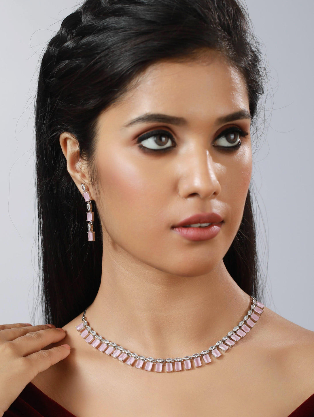 Women's Silver-Toned & Pink Ad-Studded Handcrafted Jewellery Set - Jazz And Sizzle - Indiakreations