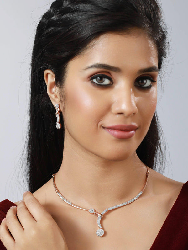 Women's Rose Gold-Plated American Diamond & Cz Stone-Studded Jewellery Set - Jazz And Sizzle - Indiakreations