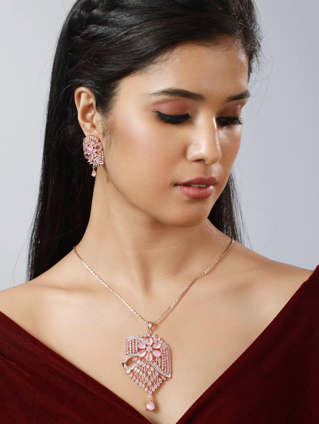 Women's Rose Gold-Plated & Pink Stone Studded Pendant Jewellery Set - Jazz And Sizzle - Indiakreations