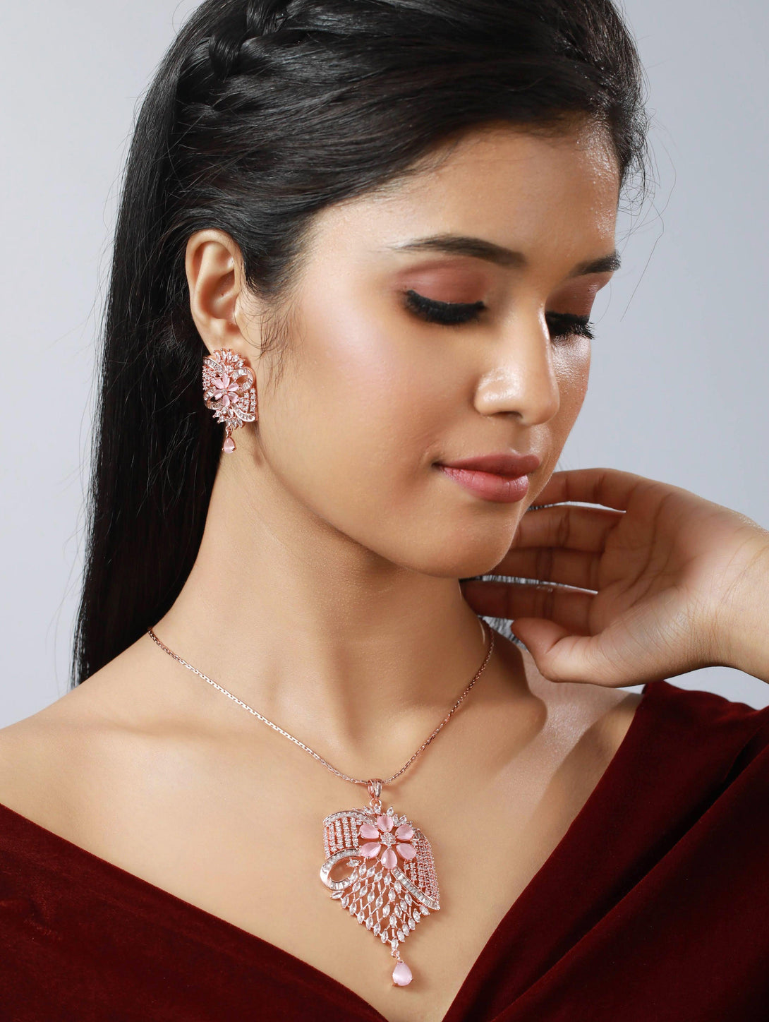 Women's Rose Gold-Plated & Pink Stone Studded Pendant Jewellery Set - Jazz And Sizzle - Indiakreations