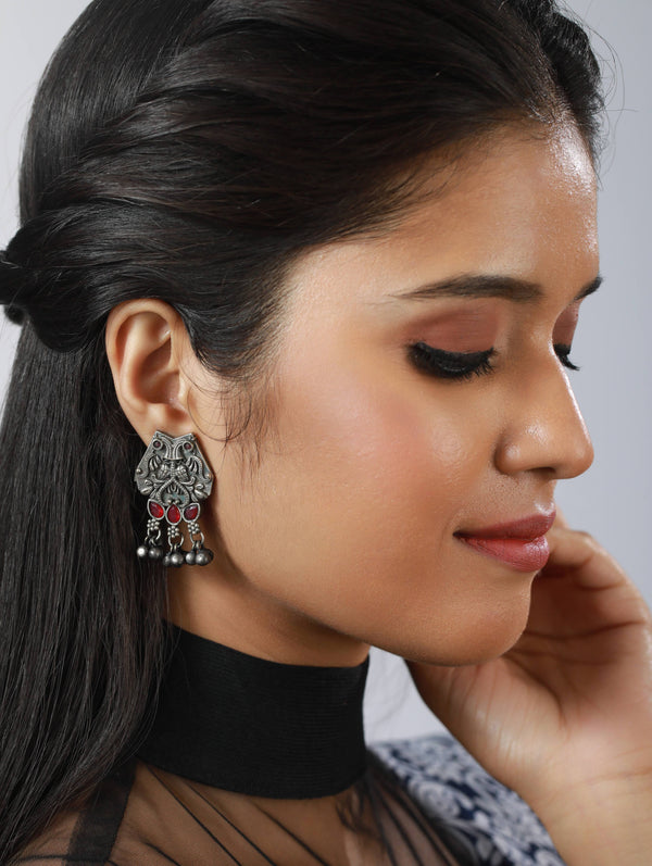 Women's Oxidised Silver Toned ,Red Stone Studded Contemporary Owl Shaped Drop Earrings - Jazz And Sizzle