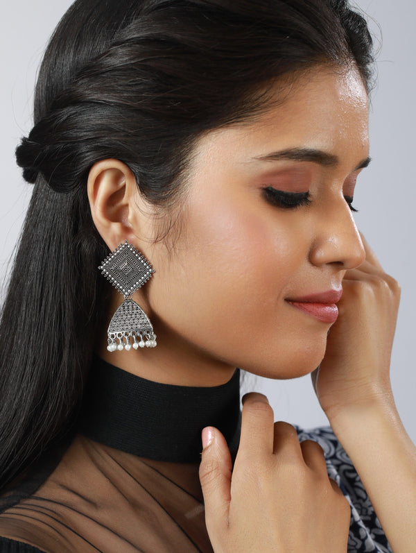 Women's Oxidised Silver-Plated Textured Rectangle Shaped Jhumkas - Jazz And Sizzle - Indiakreations