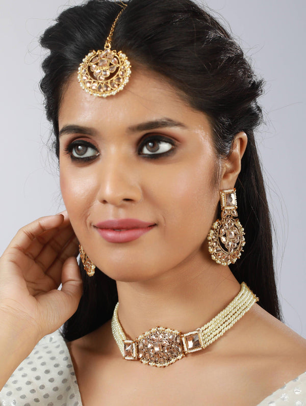 Women's Gold-Plated & White Kundan Studded & Beaded Choker Jewellery Set - Jazz And Sizzle - Indiakreations