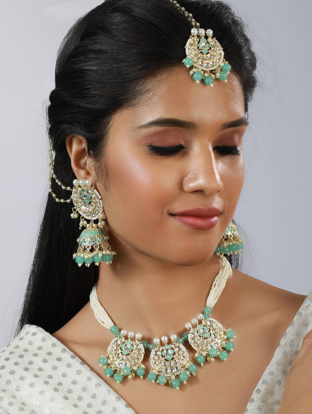 Women's Gold-Plated Sea Green & White Kundan Studded & Beaded Enamelled Handcrafted Jewellery Set - Jazz And Sizzle - Indiakreations