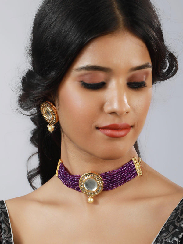 Women's Gold Plated Round Kundan Studded & Purple Beaded Handcrafted Choker Jewellery Set - Jazz And Sizzle - Indiakreations