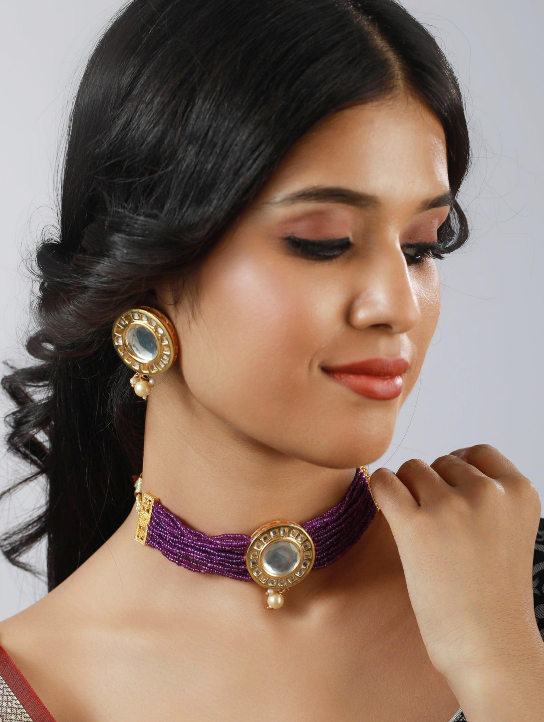 Women's Gold Plated Round Kundan Studded & Purple Beaded Handcrafted Choker Jewellery Set - Jazz And Sizzle - Indiakreations