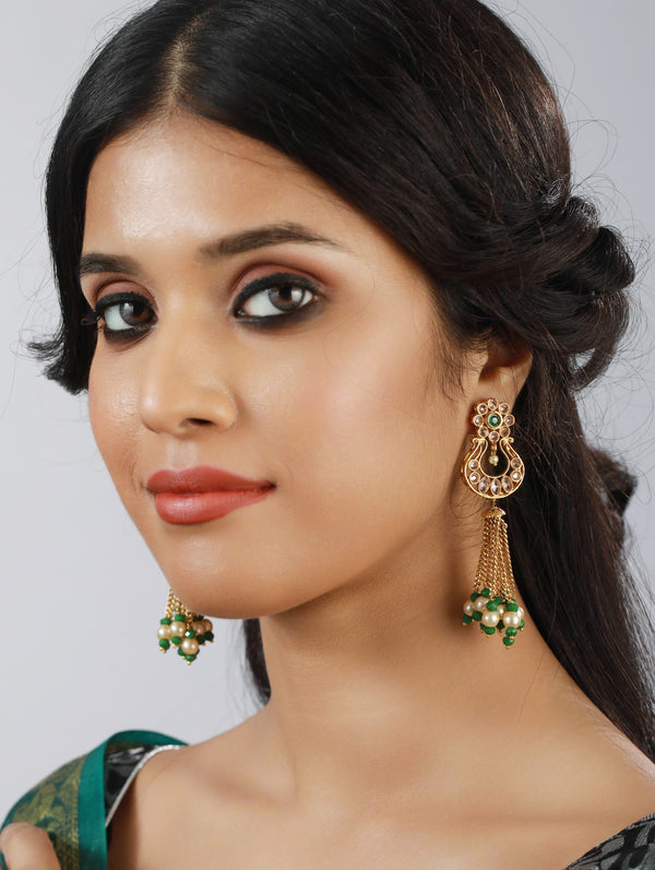 Women's White & Green Classic Beads & Kundan Studed,Gold Plated Chandbali Earrings - Jazz And Sizzle