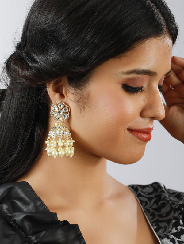 Women's Off White Beads Kundan Studded & Beaded Contemporary Jhumkas Earrings - Jazz And Sizzle