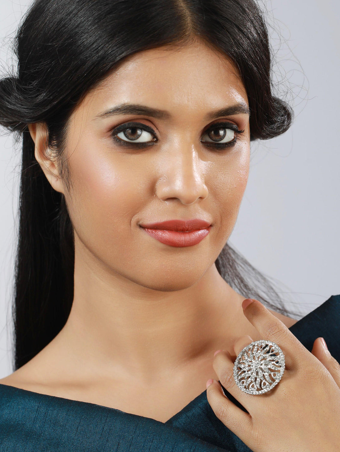 Women's Silver-Plated Cz Studded Circular Adjustable Finger Ring - Jazz And Sizzle - Indiakreations