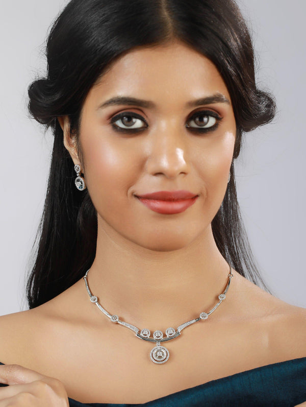 Women's Silver-Plated American Diamond & Cz Stone-Studded Jewellery Set - Jazz And Sizzle - Indiakreations