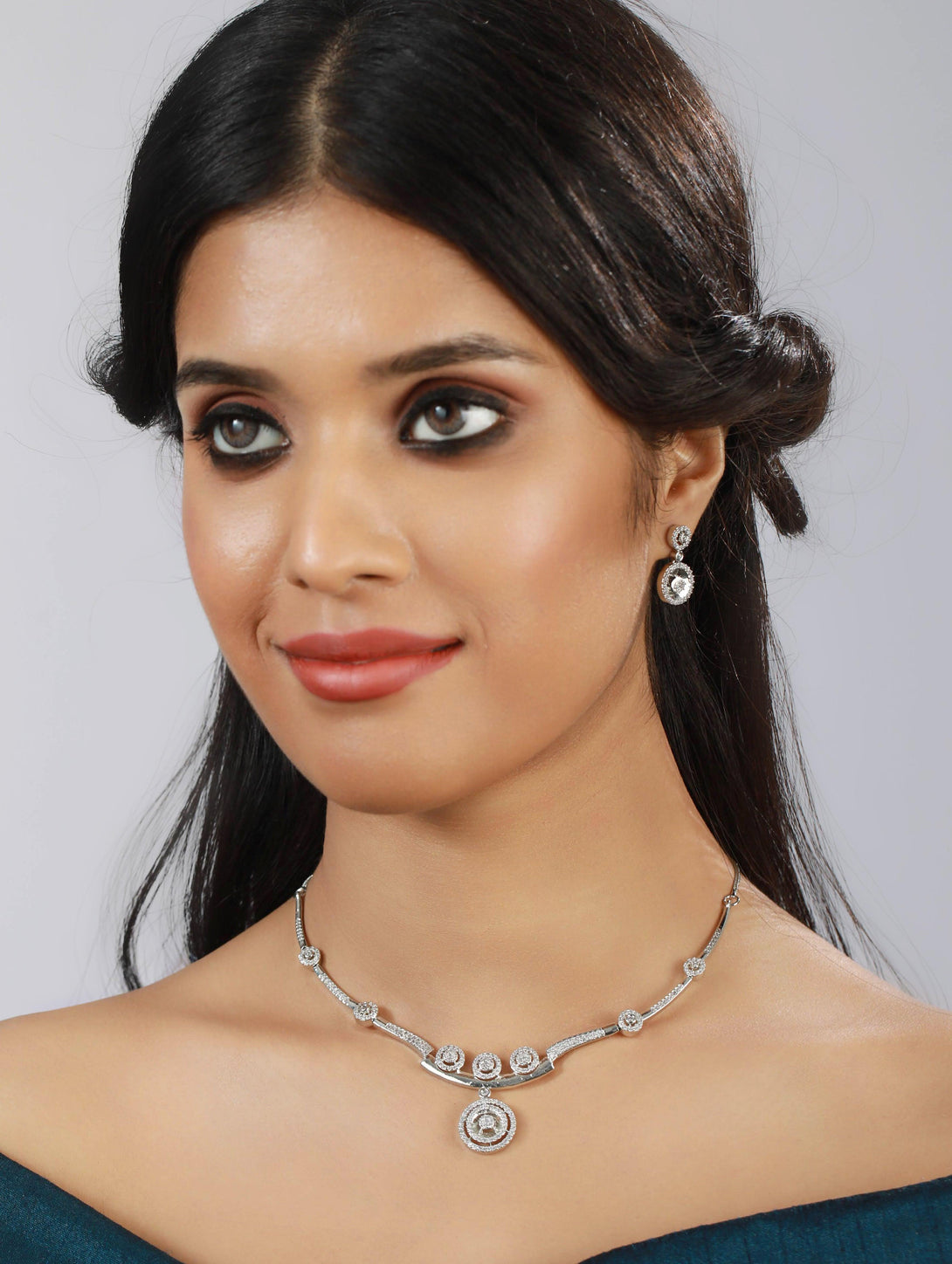 Women's Silver-Plated American Diamond & Cz Stone-Studded Jewellery Set - Jazz And Sizzle - Indiakreations