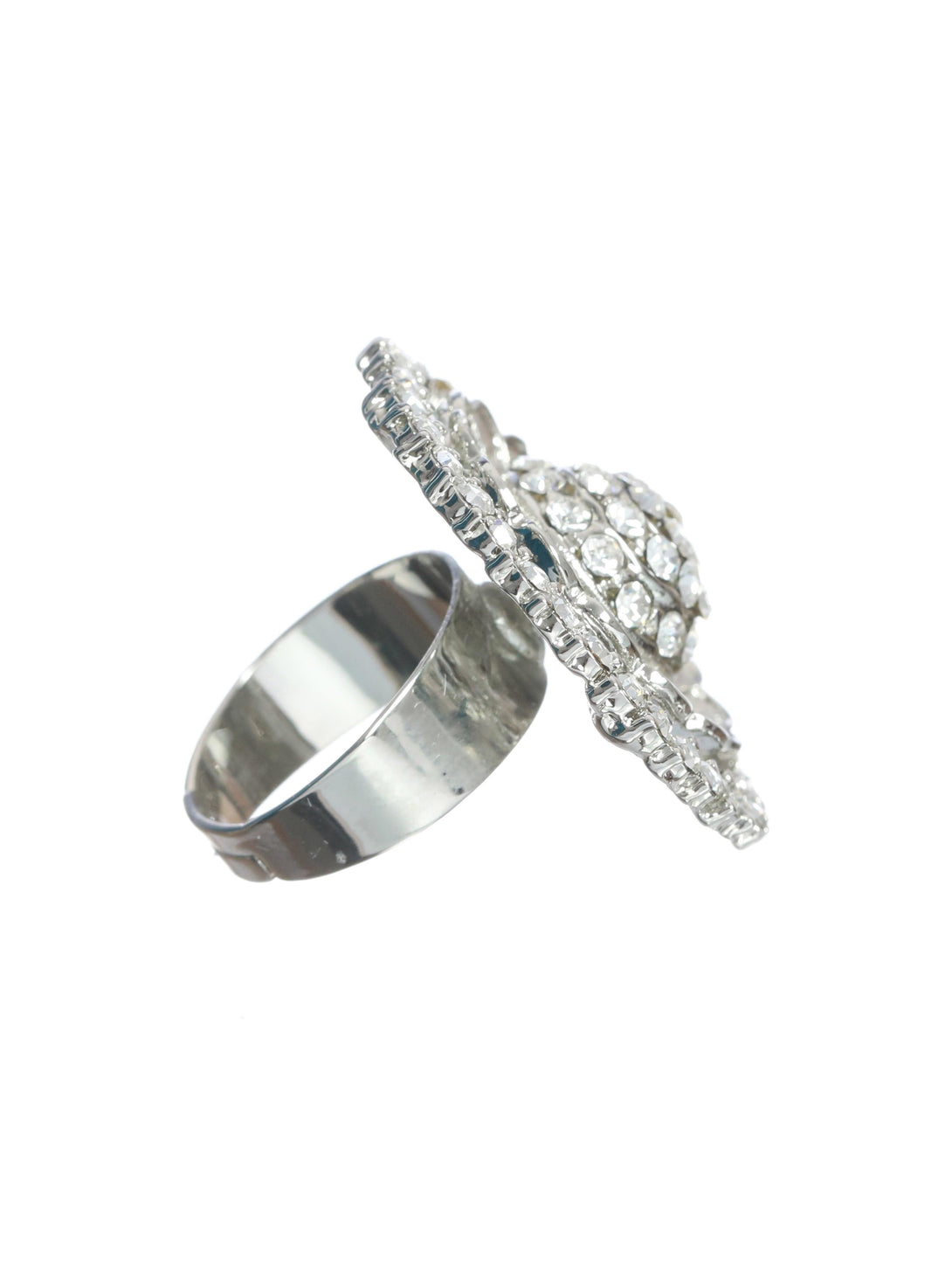 Women's Silver-Plated Cz Studded Flower Shaped Adjustable Finger Ring - Jazz And Sizzle - Indiakreations