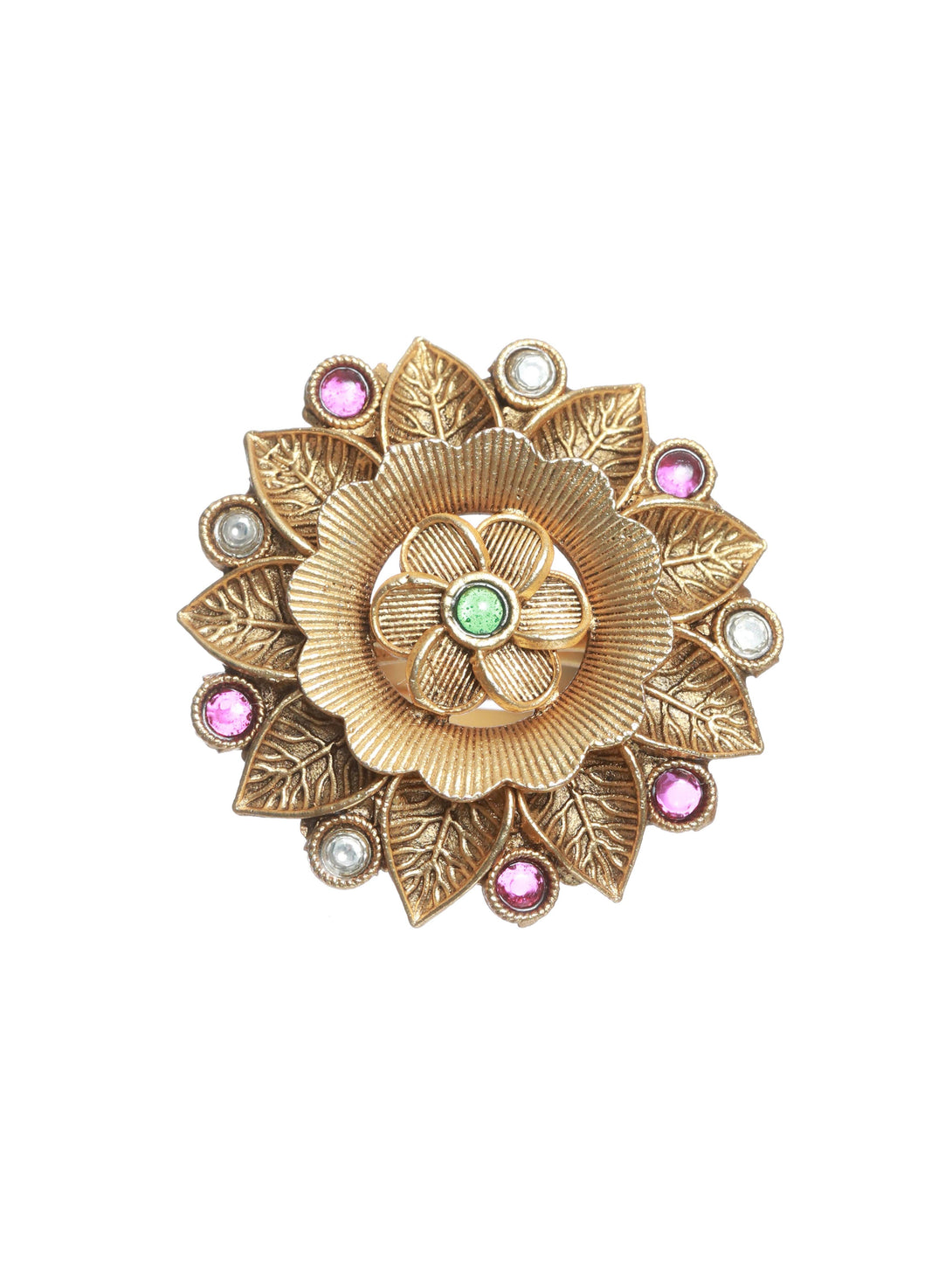 Women's Gold-Plated Pink & White Stone Studded Antique Finger Ring - Jazz And Sizzle - Indiakreations